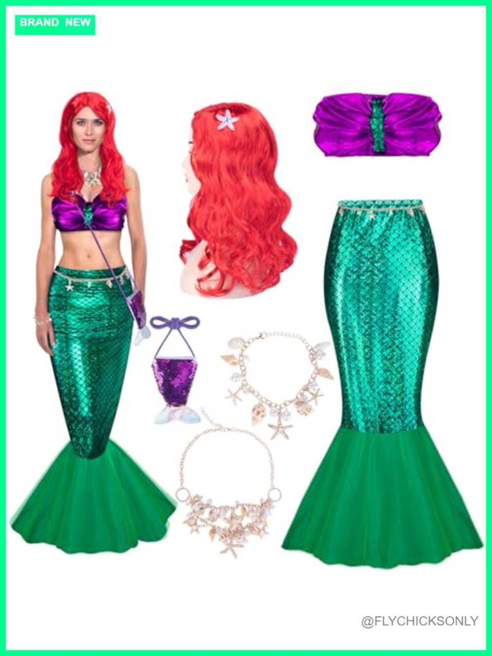 Halloween Mermaid Costume Set for Women with Tube Top Skirt Wig Accessories